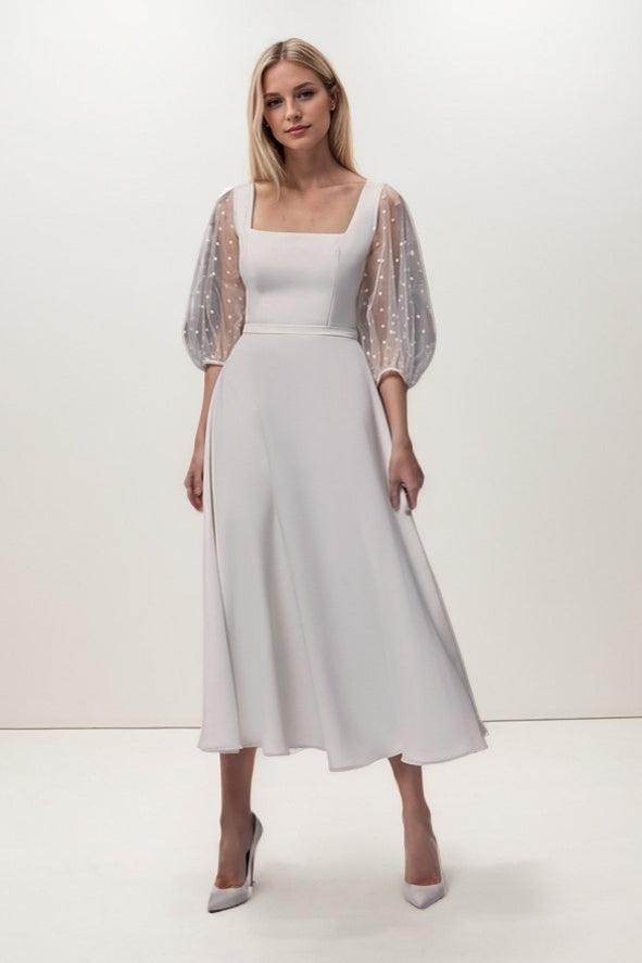 A-Line Tea Length Chiffon Elastic Cloth Wedding Dress CW3422 - COCOMELODY